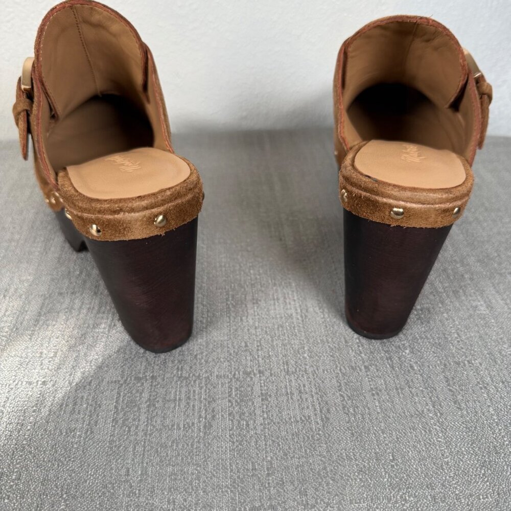 Madewell The Wes Buckle-Strap Clog Brown Suede Gold Studded Heels Platform 7 - Picture 14 of 16
